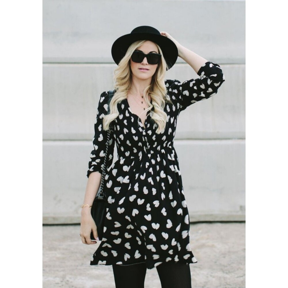 Maeve Womens Black Hearts Smocked Body Long Sleeve Dress V Neck Lined Size S - Picture 2 of 10